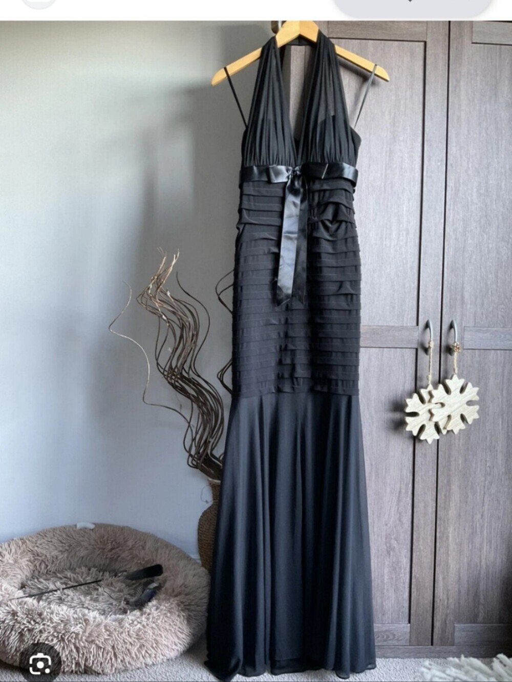 Betsy & Adam Black Halter Ruffled Satin Waist Evening Gown